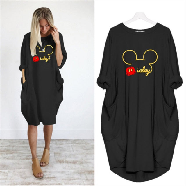 Mickey Mouse Dress for Women Casual Loose Midi Dresses Leopard Print Pocket Vintage Vestido Fall Maxi Clothes Party Robe Femme