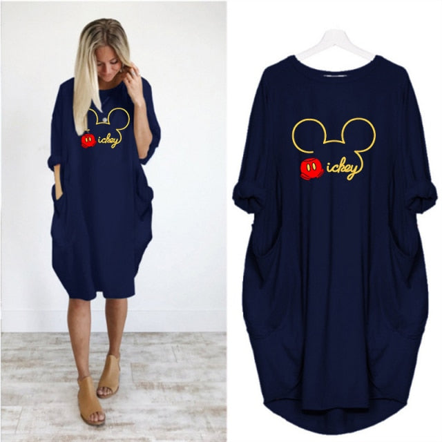 Mickey Mouse Dress for Women Casual Loose Midi Dresses Leopard Print Pocket Vintage Vestido Fall Maxi Clothes Party Robe Femme