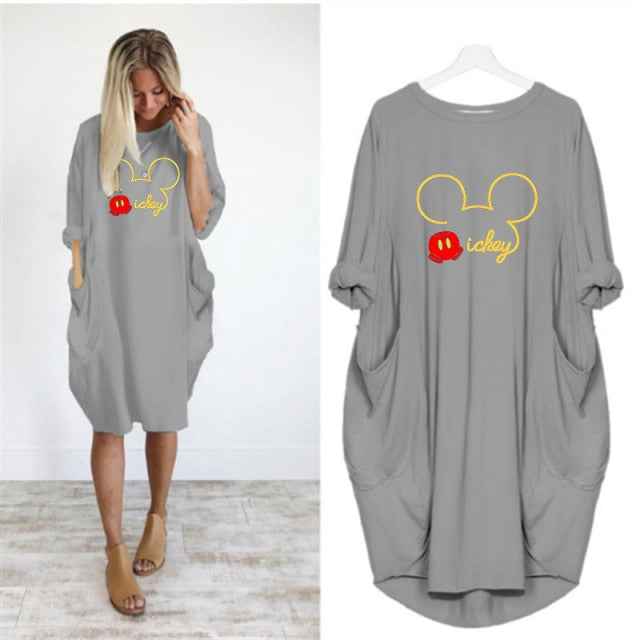 Mickey Mouse Dress for Women Casual Loose Midi Dresses Leopard Print Pocket Vintage Vestido Fall Maxi Clothes Party Robe Femme