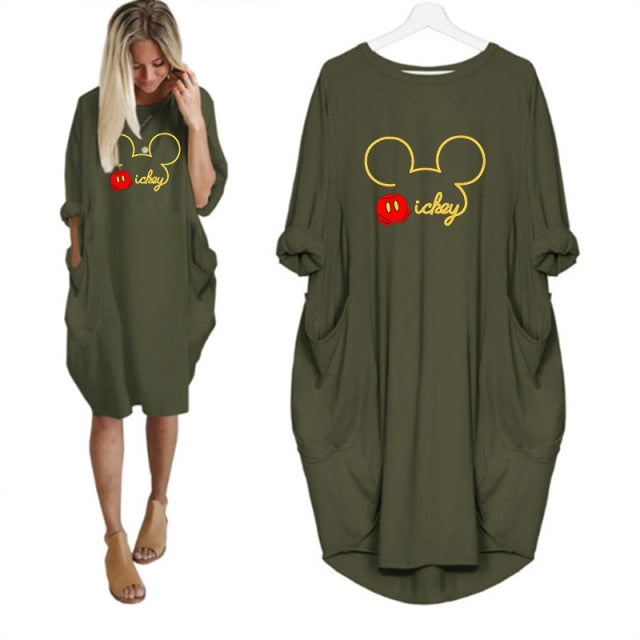 Mickey Mouse Dress for Women Casual Loose Midi Dresses Leopard Print Pocket Vintage Vestido Fall Maxi Clothes Party Robe Femme