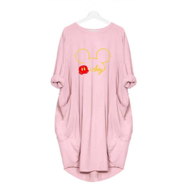 Mickey Mouse Dress for Women Casual Loose Midi Dresses Leopard Print Pocket Vintage Vestido Fall Maxi Clothes Party Robe Femme