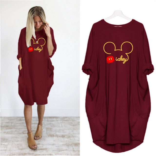 Mickey Mouse Dress for Women Casual Loose Midi Dresses Leopard Print Pocket Vintage Vestido Fall Maxi Clothes Party Robe Femme