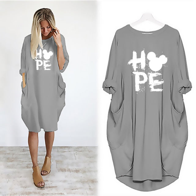 Mickey Mouse Dress for Women Casual Loose Midi Dresses Leopard Print Pocket Vintage Vestido Fall Maxi Clothes Party Robe Femme