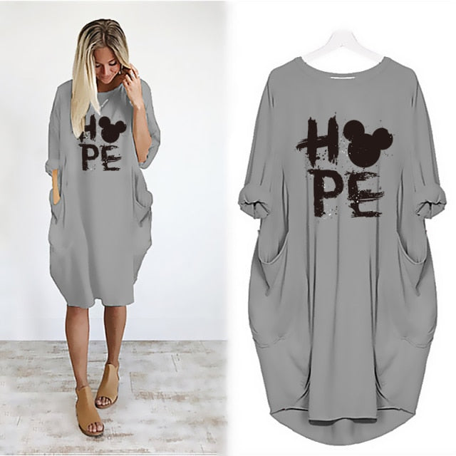 Mickey Mouse Dress for Women Casual Loose Midi Dresses Leopard Print Pocket Vintage Vestido Fall Maxi Clothes Party Robe Femme