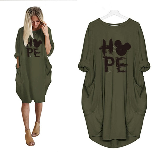 Mickey Mouse Dress for Women Casual Loose Midi Dresses Leopard Print Pocket Vintage Vestido Fall Maxi Clothes Party Robe Femme