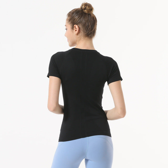 NWT 2021 Woman Short Sleeve Shirt  Elastic Yoga Mesh Sports T Shirt Fitness Women's Gym Running Black Tops Tee Free Shipping