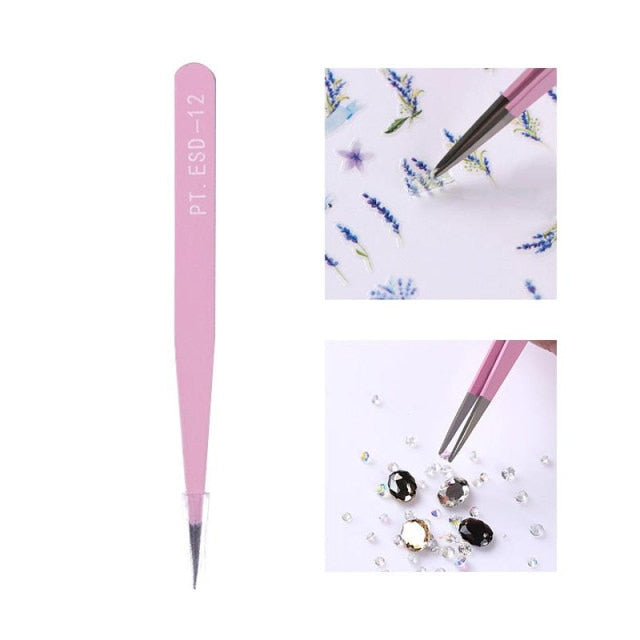 1pc 2 heads Straight Nail Tweezers with Silicone Pressing Head for 3D Sticker Rhinestones Water Sticker Picker Metal Nails Tools