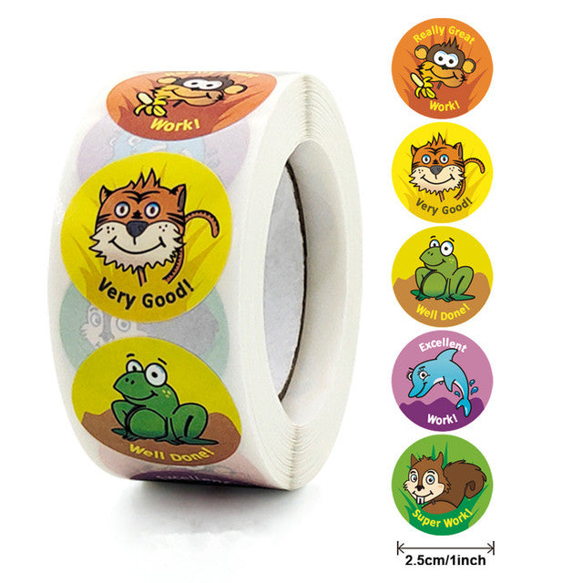 Stickers 500 pcs/roll Teacher Reward Sticker Fun Motivation animal Stickerfor School Teacher Student Stationery Stickers Kids