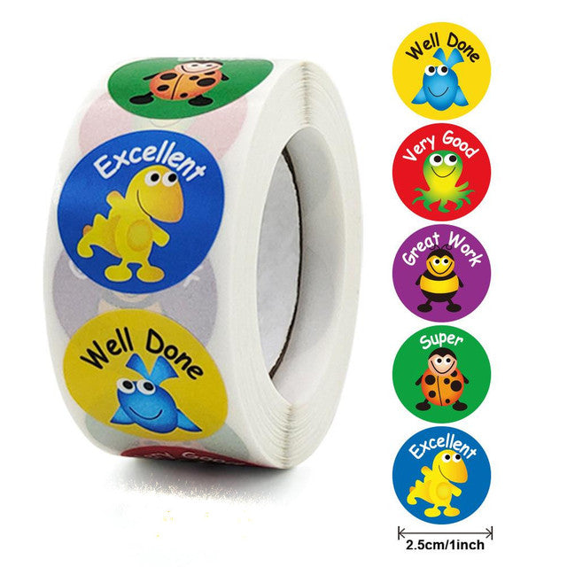 Stickers 500 pcs/roll Teacher Reward Sticker Fun Motivation animal Stickerfor School Teacher Student Stationery Stickers Kids