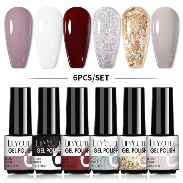 LILYCUTE 2/4/6 Pcs Gel Nail Polish Set 136Color Glitter Semi Permanent Hybrid Gel Varnish Base Top Coat Soak Off UV LED Nail Art