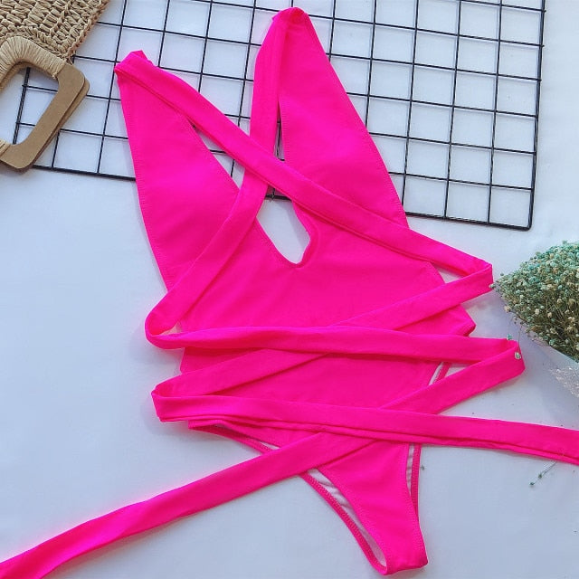 2021 Hollow Sexy Swimwear Women Bandage Padded One Piece Swimsuit Monokini Biquini Traje De Bano Mujer Trikini Badpak Femme