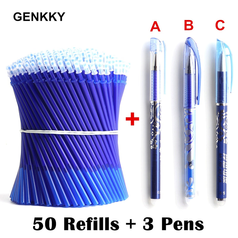 50+3 Pcs/Set 0.5mm Blue Black Ink Gel Pen Erasable Refill Rod Erasable Pen Washable Handle School Writing Stationery Gel Pens