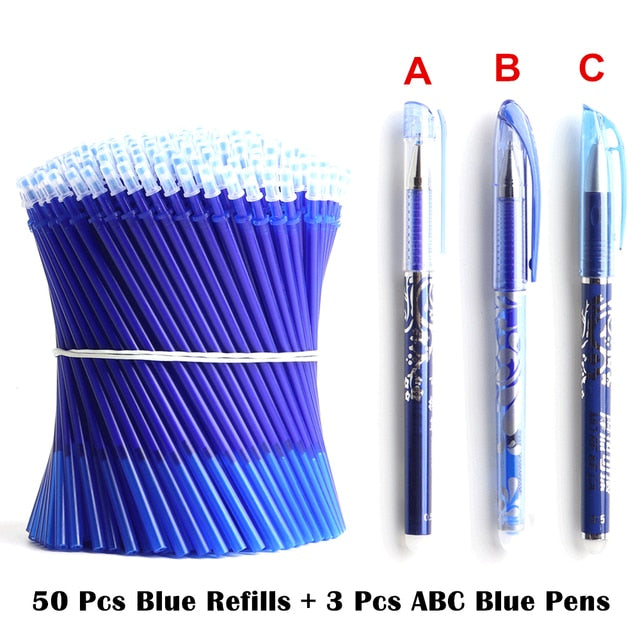 50+3 Pcs/Set 0.5mm Blue Black Ink Gel Pen Erasable Refill Rod Erasable Pen Washable Handle School Writing Stationery Gel Pens