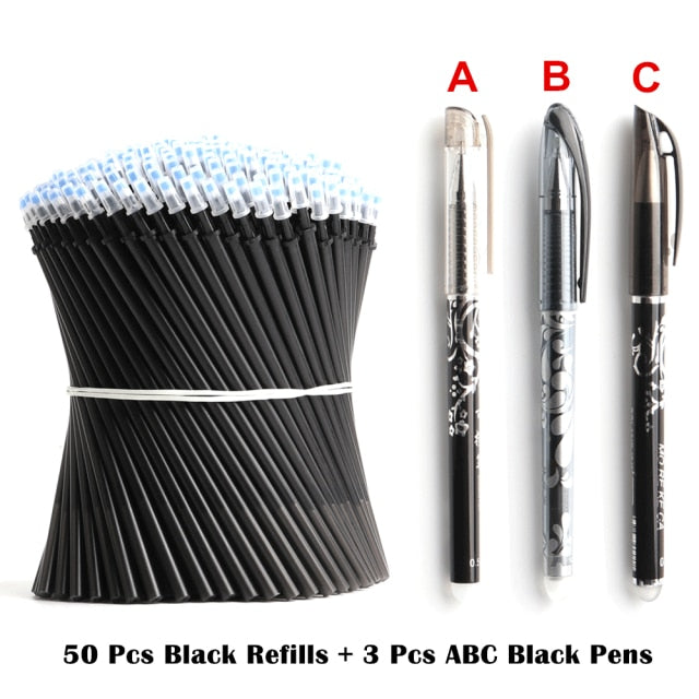 50+3 Pcs/Set 0.5mm Blue Black Ink Gel Pen Erasable Refill Rod Erasable Pen Washable Handle School Writing Stationery Gel Pens