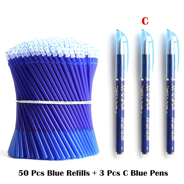 50+3 Pcs/Set 0.5mm Blue Black Ink Gel Pen Erasable Refill Rod Erasable Pen Washable Handle School Writing Stationery Gel Pens