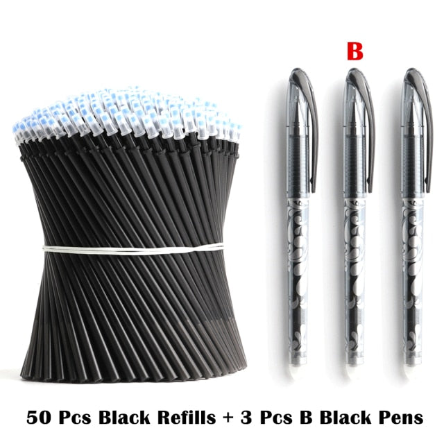 50+3 Pcs/Set 0.5mm Blue Black Ink Gel Pen Erasable Refill Rod Erasable Pen Washable Handle School Writing Stationery Gel Pens