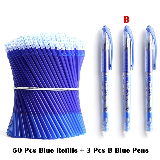 50+3 Pcs/Set 0.5mm Blue Black Ink Gel Pen Erasable Refill Rod Erasable Pen Washable Handle School Writing Stationery Gel Pens