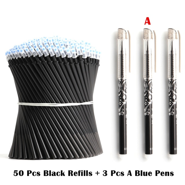 50+3 Pcs/Set 0.5mm Blue Black Ink Gel Pen Erasable Refill Rod Erasable Pen Washable Handle School Writing Stationery Gel Pens