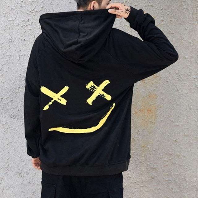 Men's Hoodie Sweatshirts Fashion Happy Smile Print Patchwork Hooded Sweatshirts Men Woman Hip Hop Pullovers Couple Streetwear