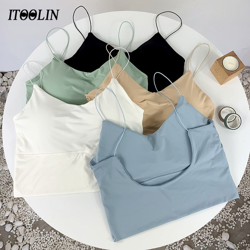 ITOOLIN Lce Silk Bra Underwear Spaghetti Strap Solid Padded Bralette Women Tube Tops Corset Slim Backless Sexy Lingerie Crop Top