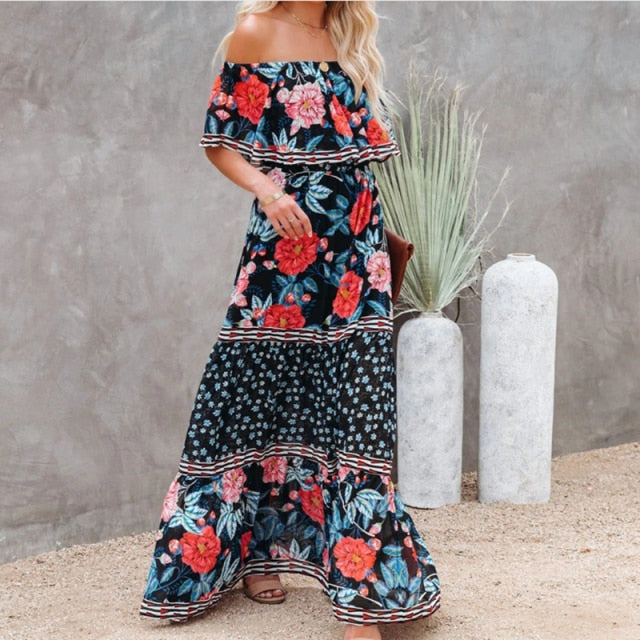 Summer Women's Dress 2021 White Floral Dress Off The Shoulder Long Dress Female Streetwear Casual Elegant Party Dresses Ladies