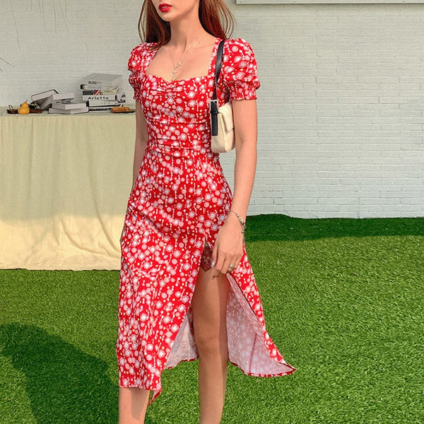 Women Summer Vintage Party Dress Lady France Style Puff Sleeve Floral Print Square Collar Side Split Midi Dress Vestido 2021