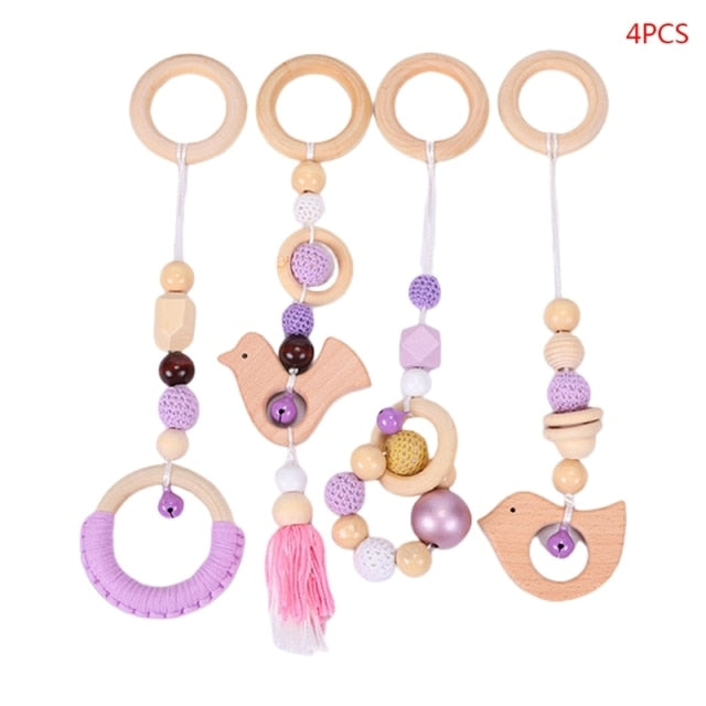 Baby Play Gym Frame Wooden Beech Activity Gym Frame Stroller Hanging Pendants Toys Teether Ring Nursing Rattle Toys Room Decor