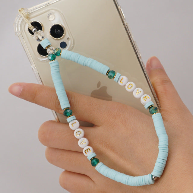 2021 Trendy Mobile Strap Phone Charm Pearl Soft Pottery Beaded Phone Chain LOVE Letter Jewelry For Women Anti-Lost Lanyard Gift