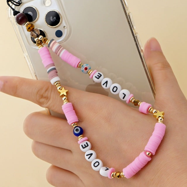 2021 Trendy Mobile Strap Phone Charm Pearl Soft Pottery Beaded Phone Chain LOVE Letter Jewelry For Women Anti-Lost Lanyard Gift