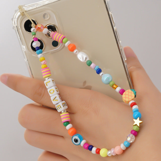 2021 Trendy Mobile Strap Phone Charm Pearl Soft Pottery Beaded Phone Chain LOVE Letter Jewelry For Women Anti-Lost Lanyard Gift