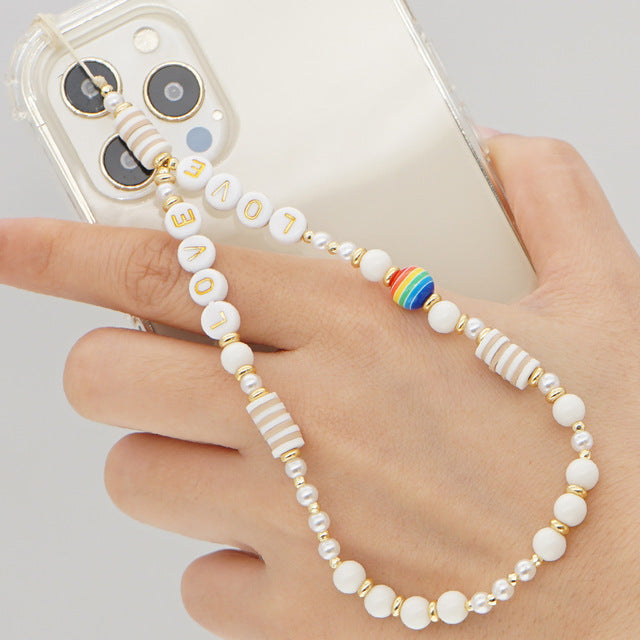 2021 Trendy Mobile Strap Phone Charm Pearl Soft Pottery Beaded Phone Chain LOVE Letter Jewelry For Women Anti-Lost Lanyard Gift