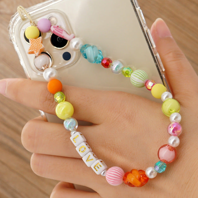 2021 Trendy Mobile Strap Phone Charm Pearl Soft Pottery Beaded Phone Chain LOVE Letter Jewelry For Women Anti-Lost Lanyard Gift