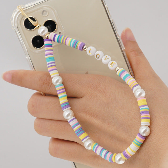 2021 Trendy Mobile Strap Phone Charm Pearl Soft Pottery Beaded Phone Chain LOVE Letter Jewelry For Women Anti-Lost Lanyard Gift