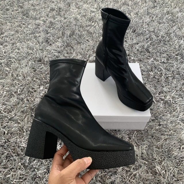 2021 NEW brand women autumn winter warm boots sexy high heels platform black brown zipper shoes woman ankle boots big size 35-42