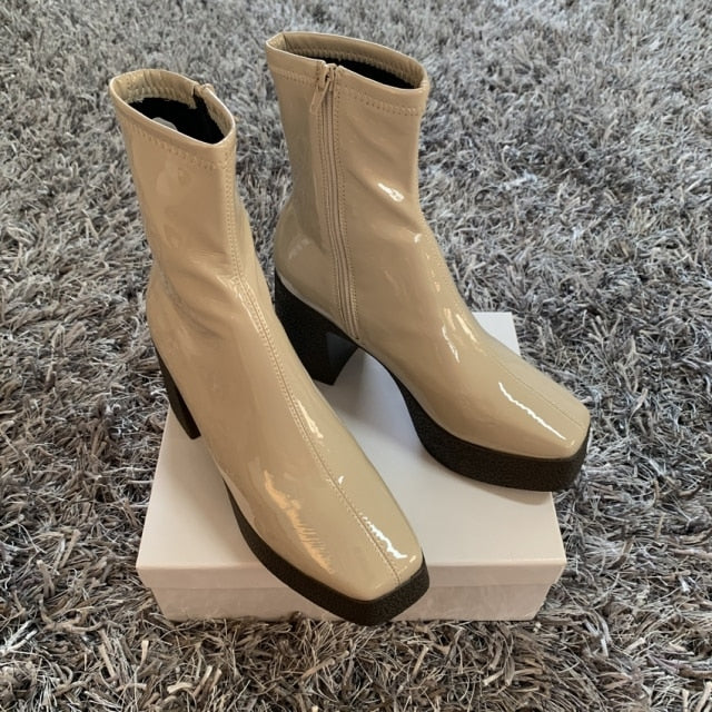 2021 NEW brand women autumn winter warm boots sexy high heels platform black brown zipper shoes woman ankle boots big size 35-42