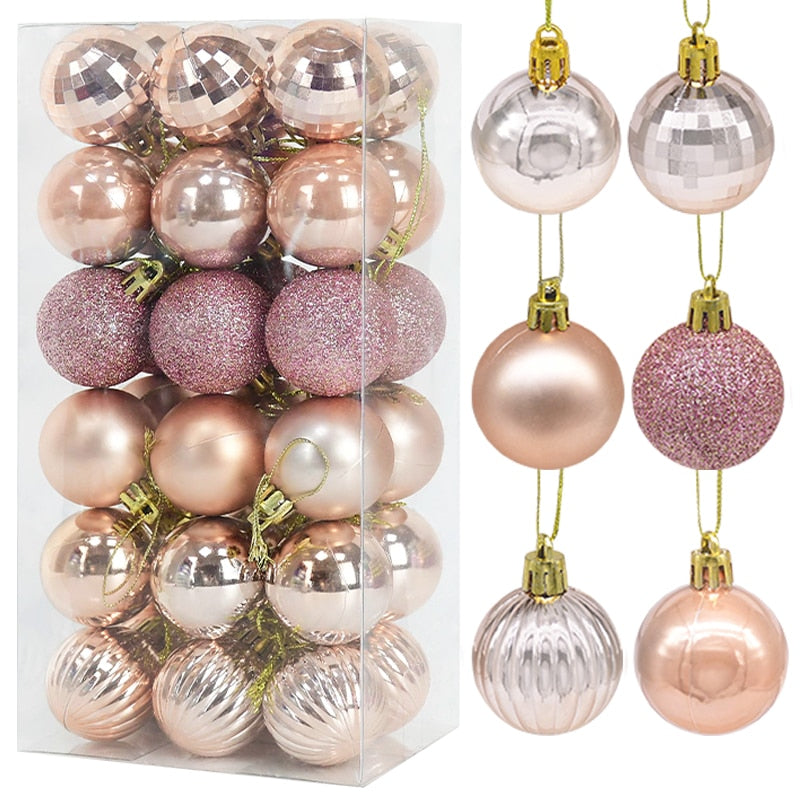 36Pcs Rose Gold Plastic Christmas Balls Ornament 4cm Hang Pendant Ball Indoor New Year Xmas Tree Decor Home Christmas Decoration