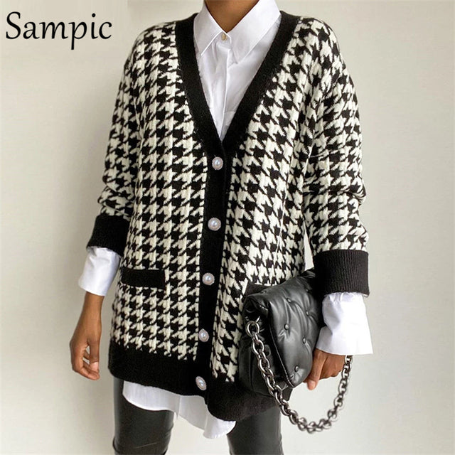 Sampic Loose Patchwork Knitwear Winter 2021 Women Cardigans Tops Oversized Long Sleeve Y2K V Neck Sweater Casual Fashion Tops