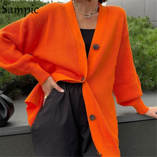 Sampic Loose Patchwork Knitwear Winter 2021 Women Cardigans Tops Oversized Long Sleeve Y2K V Neck Sweater Casual Fashion Tops