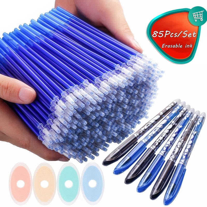 85Pcs/Set Blue Black Ink Gel Pen 0.5mm Erasable Refill Rod Erasable Pen Washable Handle School Writing Kawaii Stationery Gel Pen