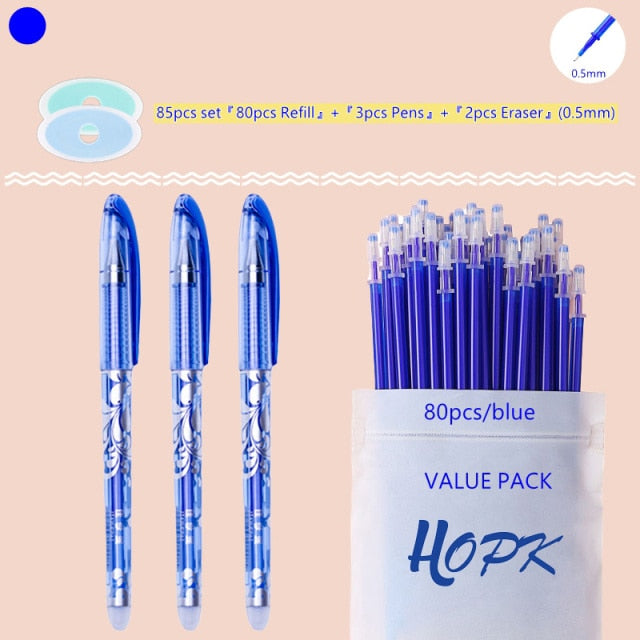 85Pcs/Set Blue Black Ink Gel Pen 0.5mm Erasable Refill Rod Erasable Pen Washable Handle School Writing Kawaii Stationery Gel Pen