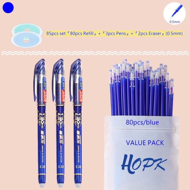 85Pcs/Set Blue Black Ink Gel Pen 0.5mm Erasable Refill Rod Erasable Pen Washable Handle School Writing Kawaii Stationery Gel Pen