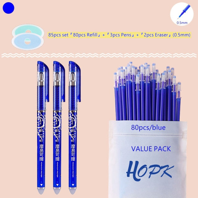85Pcs/Set Blue Black Ink Gel Pen 0.5mm Erasable Refill Rod Erasable Pen Washable Handle School Writing Kawaii Stationery Gel Pen