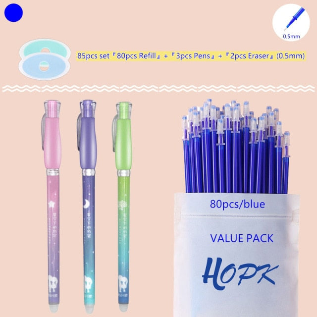 85Pcs/Set Blue Black Ink Gel Pen 0.5mm Erasable Refill Rod Erasable Pen Washable Handle School Writing Kawaii Stationery Gel Pen