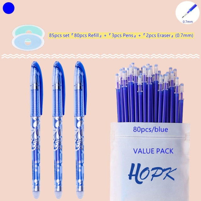 85Pcs/Set Blue Black Ink Gel Pen 0.5mm Erasable Refill Rod Erasable Pen Washable Handle School Writing Kawaii Stationery Gel Pen