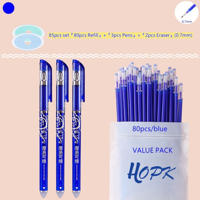 85Pcs/Set Blue Black Ink Gel Pen 0.5mm Erasable Refill Rod Erasable Pen Washable Handle School Writing Kawaii Stationery Gel Pen