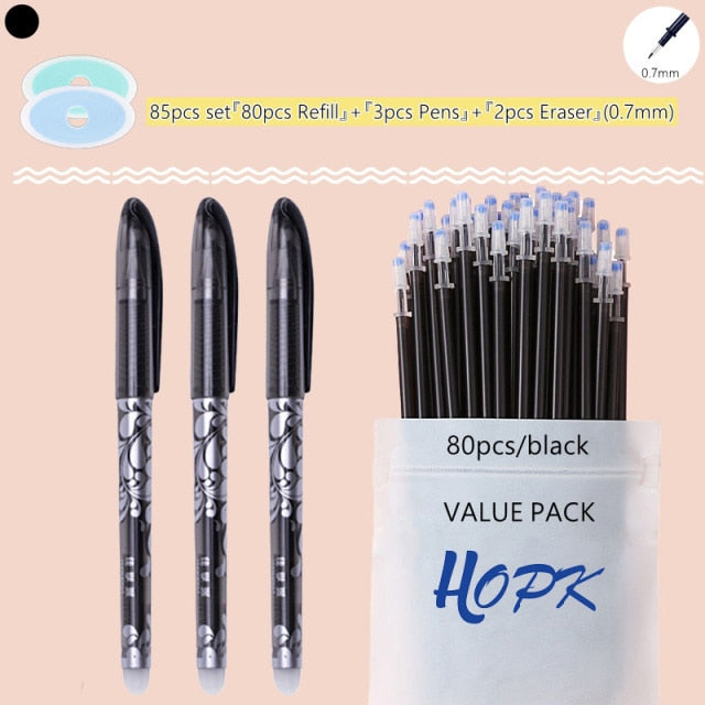 85Pcs/Set Blue Black Ink Gel Pen 0.5mm Erasable Refill Rod Erasable Pen Washable Handle School Writing Kawaii Stationery Gel Pen