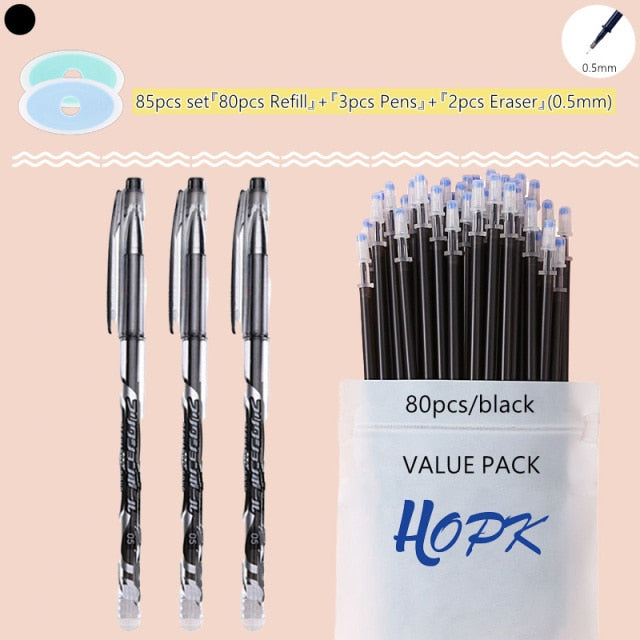 85Pcs/Set Blue Black Ink Gel Pen 0.5mm Erasable Refill Rod Erasable Pen Washable Handle School Writing Kawaii Stationery Gel Pen