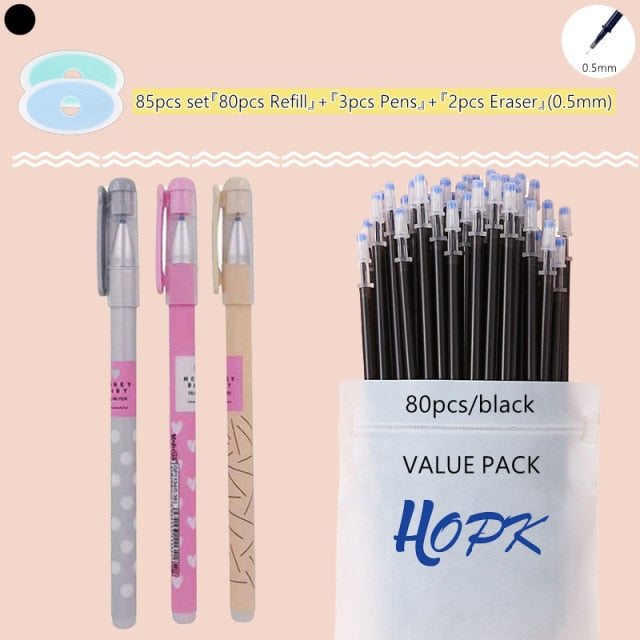 85Pcs/Set Blue Black Ink Gel Pen 0.5mm Erasable Refill Rod Erasable Pen Washable Handle School Writing Kawaii Stationery Gel Pen
