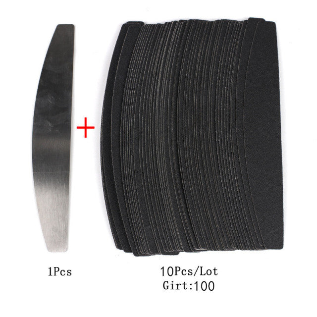 10pcs Black/Grey Removable SandPaper Nail File With Stainless Steel Handle Metal Replacement Nail Buffer 100/180 For Manicure