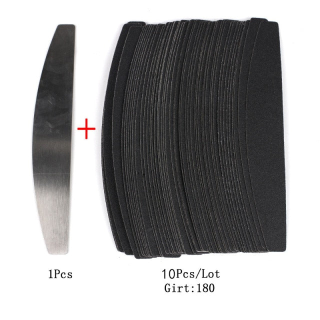 10pcs Black/Grey Removable SandPaper Nail File With Stainless Steel Handle Metal Replacement Nail Buffer 100/180 For Manicure